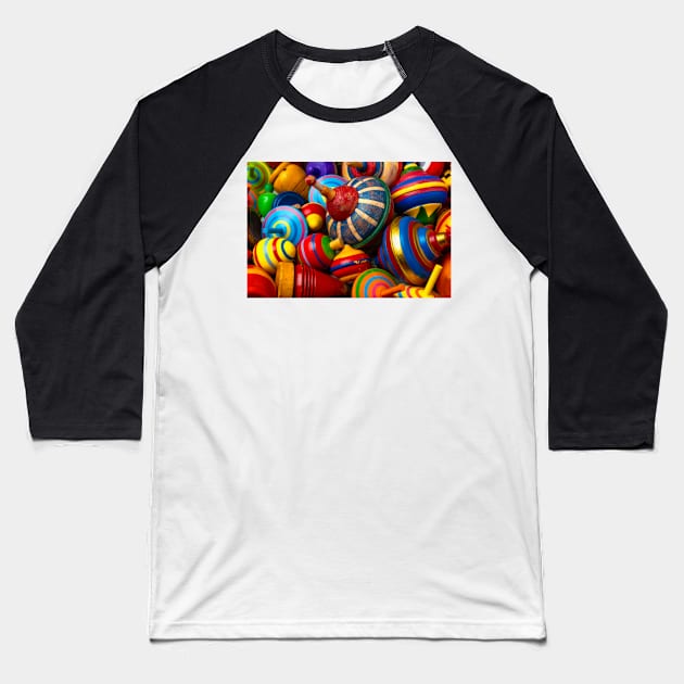 Colorful Old Wooden Toy Tops Baseball T-Shirt by photogarry
